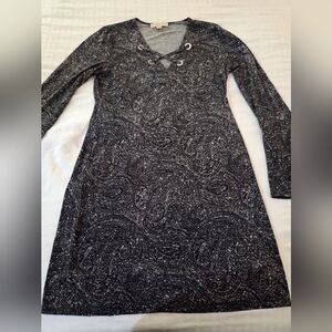 Michael Kors Black Paisley Midi Dress Size L Gold Grommets Bell Cuff